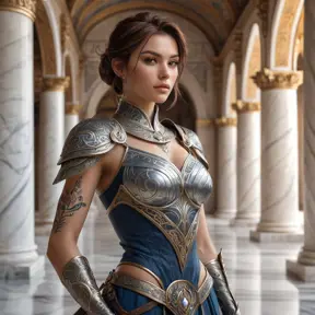 Fiora, the noble warrior with a serene expression, her skin adorned with delicate, swirling tattoos that resemble ancient runes, standing in a grand hall with marble pillars, her rapier gleaming in the soft light.