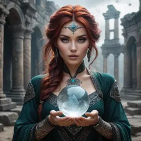 Katarina, a mysterious enchantress with mystical runes tattooed on her face and hands, surrounded by swirling mist and ancient ruins, holding a crystal ball that glows with inner light.