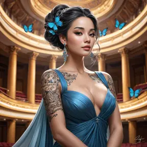 A majestic Sona with ancient script tattoos, standing in a grand concert hall, with her music notes transforming into butterflies that fill the air.