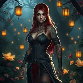 Triss Merigold, the fierce and beautiful sorceress from The Witcher 3, with tattoos that resemble magical runes and symbols, standing in a mystical garden with floating lanterns and glowing flowers, her presence exuding both strength and grace.