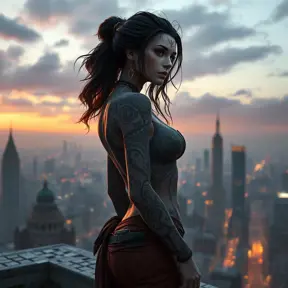 Vayne, the vigilant hunter, her skin adorned with intricate, celestial tattoos that reflect her connection to the night sky, standing on a rooftop overlooking a bustling city at dusk.