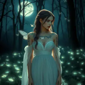 Katarina, a ethereal beauty with delicate butterfly tattoos fluttering across her shoulders and neck, wearing a flowing white gown, standing in a moonlit forest with bioluminescent plants glowing around her.