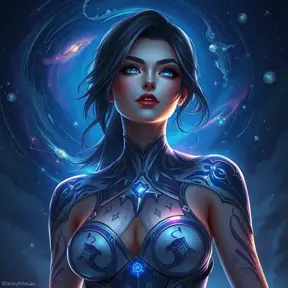 Fiora from League of Legends with celestial tattoos of stars and constellations on her shoulders and neck, standing under a night sky filled with swirling galaxies, her eyes reflecting the cosmic light.