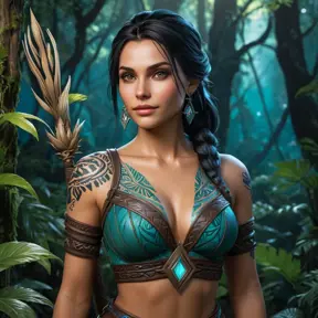 A stunning Nidalee from The Witcher 3, adorned with intricate tribal tattoos that glow with a mystical aura, standing in a lush, enchanted forest with bioluminescent plants illuminating her path.