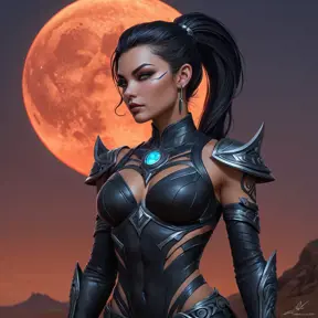 Vayne, the nightstalker, her body decorated with bold, tribal tattoos that glow faintly in the dark, standing in a desolate wasteland under a blood-red moon.