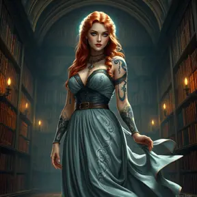 Triss Merigold, the beloved sorceress from The Witcher 3, with elegant tattoos that form a magical circle around her arms, standing in a grand library filled with ancient tomes, her dress flowing gracefully, and her eyes filled with wisdom and determination.