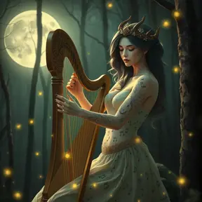 A graceful Sona with musical note tattoos adorning her ethereal skin, playing a luminous harp in a moonlit forest with glowing fireflies.