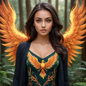 Samira, with her captivating eyes and a full-sleeve tattoo of a phoenix rising from flames, is depicted in a serene forest setting. The tattoo seems to come alive, with the phoenix's wings gently fluttering as if ready to take flight.