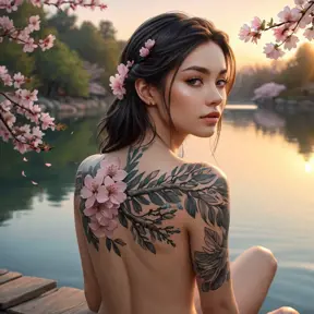 A serene Vex with nature-inspired tattoos, sitting by a tranquil lake at sunset, with cherry blossom petals gently falling around them.