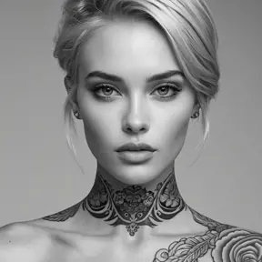 A close-up of Quinn's face, her features delicate yet strong, with tattoos that weave around her neck and jawline, creating a striking contrast against her smooth, porcelain skin, set against a minimalist, monochrome background.