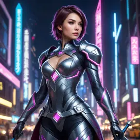 Fiora from League of Legends with geometric tattoos forming intricate patterns on her skin, standing in a futuristic cityscape with neon lights reflecting off her polished armor, her rapier ready for combat.