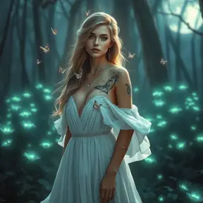 Katarina, a ethereal beauty with delicate butterfly tattoos fluttering across her shoulders and neck, wearing a flowing white gown, standing in a moonlit forest with bioluminescent plants glowing around her.