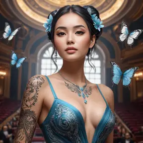 A majestic Sona with ancient script tattoos, standing in a grand concert hall, with her music notes transforming into butterflies that fill the air.