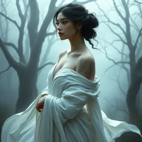 Sona, with delicate, feather-like tattoos that flutter across her shoulders and down her spine, dressed in a flowing, white silk robe, standing in a misty, enchanted forest with ghostly trees surrounding her.