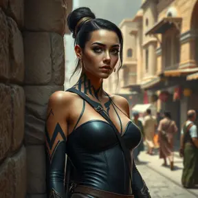 Sona, sporting bold, geometric tattoos that trace the contours of her face and neck, wearing a sleek, black bodysuit with her etwahl strapped to her back, leaning against a stone wall in a bustling, ancient marketplace.