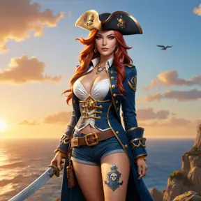 Miss Fortune from League of Legends, her skin adorned with nautical-themed tattoos, wearing a pirate captain's hat and a long coat, standing on a cliff overlooking a vast ocean, the sunset casting a golden glow on her, highly detailed, ultra-realistic, 6K resolution