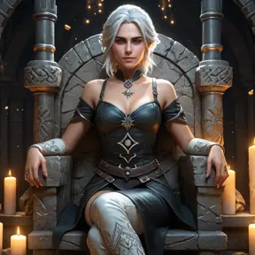 Ciri from The Witcher 3, with elegant floral tattoos intertwined with magical symbols, sitting on a throne made of ancient stone, surrounded by floating candles and glowing crystals, fantasy art style, 8K