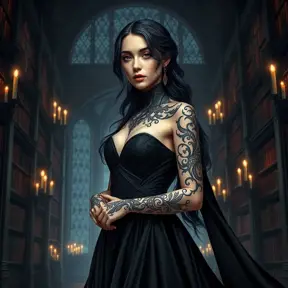 Yennefer with detailed, dark ink tattoos that form a complex pattern across her arms and neck, wearing a regal, flowing black gown, standing in a grand, candlelit library filled with ancient tomes.