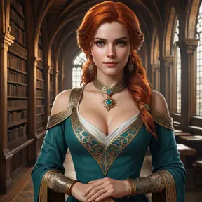 Triss Merigold, the beloved sorceress from The Witcher 3, with elegant tattoos that form a magical circle around her arms, standing in a grand library filled with ancient tomes, her dress flowing gracefully, and her eyes filled with wisdom and determination.