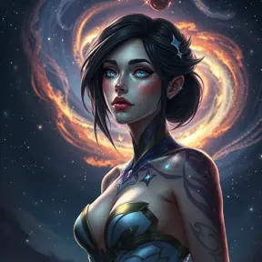 Fiora from League of Legends with celestial tattoos of stars and constellations on her shoulders and neck, standing under a night sky filled with swirling galaxies, her eyes reflecting the cosmic light.