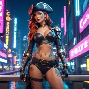 Miss Fortune from League of Legends, her body covered in tattoos that tell the story of her adventures, wearing a sleek, modernized pirate outfit, standing in a futuristic cityscape with neon lights reflecting off her pistols, cyberpunk style, ultra-detailed, 8K resolution