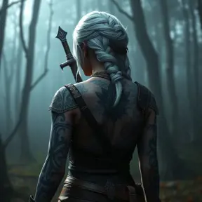 Ciri from The Witcher 3 with intricate tribal tattoos covering her arms and back, standing in a misty forest, cinematic lighting, hyper-realistic, 8K resolution