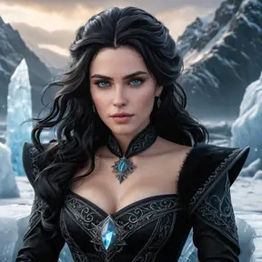 Yennefer, sitting on a throne of ice, her eyes glowing with magical power, with a backdrop of a frozen landscape and a stormy sky, her expression cold and commanding, ultra-realistic, 8k