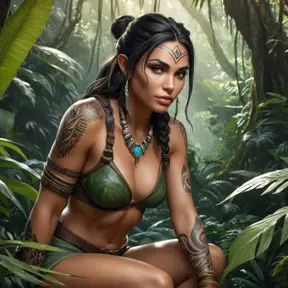 Nidalee, the primal huntress with animalistic tattoos on her face and body, crouched in a hidden jungle clearing, natural light filtering through the trees, realistic texture, photorealistic style