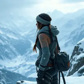 Lara Croft, in a snowy mountain landscape, wearing a winter outfit with climbing gear, looking out over a vast valley, soft snowfall, serene atmosphere, realistic details, emotional depth