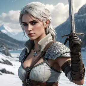 Ciri from The Witcher 3 with warrior tattoos symbolizing her journey, wielding a sword in a snowy landscape, intense focus, cinematic lighting, ultra-detailed, 8K