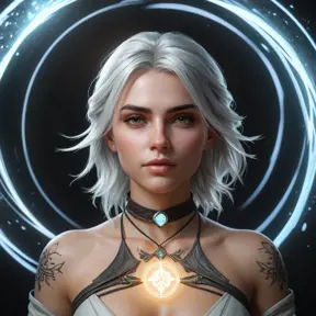 Ciri from The Witcher 3 with mystical rune tattoos glowing on her skin, floating in a magical vortex, ethereal atmosphere, soft lighting, hyper-realistic, 8K