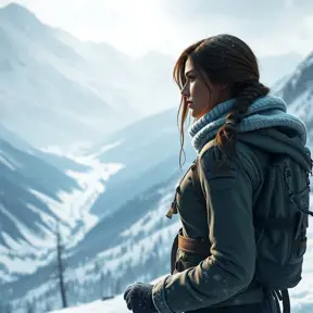 Lara Croft, in a snowy mountain landscape, wearing a winter outfit with climbing gear, looking out over a vast valley, soft snowfall, serene atmosphere, realistic details, emotional depth