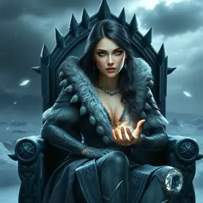 Yennefer, sitting on a throne of ice, her eyes glowing with magical power, with a backdrop of a frozen landscape and a stormy sky, her expression cold and commanding, ultra-realistic, 8k