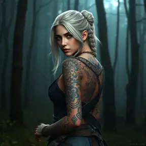 Ciri from The Witcher 3 with intricate tribal tattoos covering her arms and back, standing in a misty forest, cinematic lighting, hyper-realistic, 8K resolution