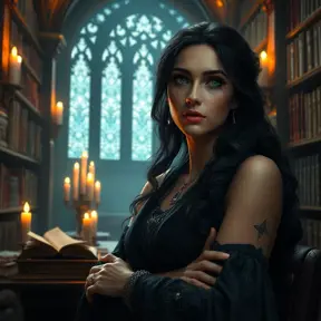 Yennefer, in a grand, candlelit library, surrounded by ancient tomes and glowing magical runes, her expression contemplative and powerful, with a soft, ethereal glow highlighting her features, ultra-realistic, 8k