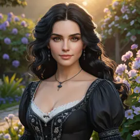 Yennefer, in a serene garden at sunset, with blooming flowers and a gentle breeze, her expression soft and serene, with a gentle smile, her hair gently flowing, ultra-realistic, 8k