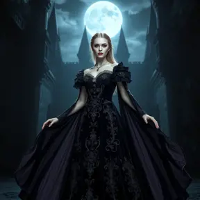 A beautiful Romanian vampire, standing in a Transylvanian castle, wearing a flowing, dark velvet gown with intricate embroidery, pale skin, red eyes, moonlight casting eerie shadows, gothic atmosphere, hyper-realistic, 8K resolution