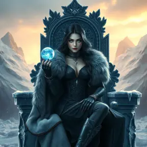 Yennefer, sitting on a throne of ice, her eyes glowing with magical power, with a backdrop of a frozen landscape and a stormy sky, her expression cold and commanding, ultra-realistic, 8k