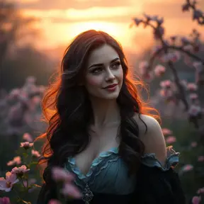 Yennefer, in a serene garden at sunset, with blooming flowers and a gentle breeze, her expression soft and serene, with a gentle smile, her hair gently flowing, ultra-realistic, 8k