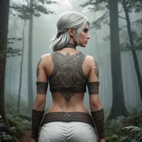 Ciri from The Witcher 3 with intricate tribal tattoos covering her arms and back, standing in a misty forest, cinematic lighting, hyper-realistic, 8K resolution