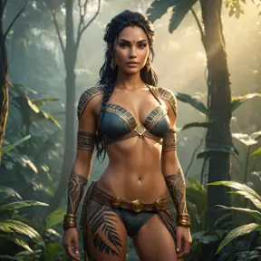 Nidalee, the guardian of the wild, with detailed tribal tattoos on her torso and arms, standing in a misty jungle, golden hour lighting, soft shadows, cinematic realism