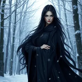 Yennefer of Vengerberg, standing elegantly in a snow-covered forest, with her long, flowing black hair and piercing violet eyes, wearing her signature dark sorceress robes, with magical energy swirling around her, cinematic lighting, high detail, 8k