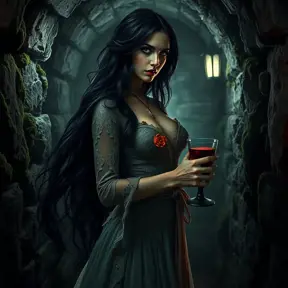 A beautiful Romanian vampire, in a dimly lit crypt, wearing a tattered lace dress, with long, flowing black hair, holding a goblet of blood, stone walls covered in moss, eerie glow, dramatic shadows, gothic horror style