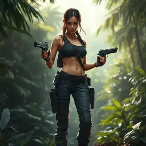 Lara Croft, standing in a lush jungle, wearing her iconic dual pistols and cargo pants, with a determined expression, cinematic lighting, hyper-realistic, 8K resolution, dynamic composition