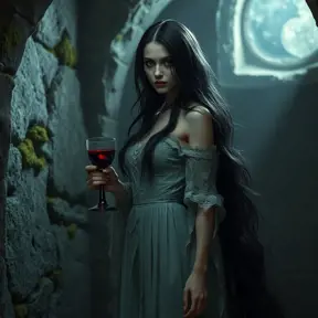 A beautiful Romanian vampire, in a dimly lit crypt, wearing a tattered lace dress, with long, flowing black hair, holding a goblet of blood, stone walls covered in moss, eerie glow, dramatic shadows, gothic horror style