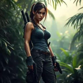 Lara Croft, standing in a lush jungle, wearing her iconic dual pistols and cargo pants, with a determined expression, cinematic lighting, hyper-realistic, 8K resolution, dynamic composition