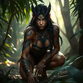 Nidalee, the primal huntress with animalistic tattoos on her face and body, crouched in a hidden jungle clearing, natural light filtering through the trees, realistic texture, photorealistic style