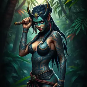 Nidalee, the fierce huntress with tribal tattoos covering her arms and face, standing in a lush jungle, dynamic pose, vibrant colors, hyper-realistic, cinematic lighting