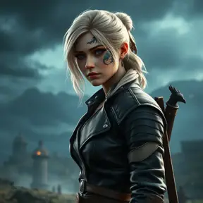 Young Ciri from The Witcher 3 with dragon-themed tattoos on her face and arms, wearing a leather jacket, standing in a stormy battlefield, dramatic lighting, ultra-detailed, 8K