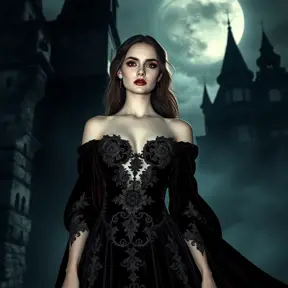 A beautiful Romanian vampire, standing in a Transylvanian castle, wearing a flowing, dark velvet gown with intricate embroidery, pale skin, red eyes, moonlight casting eerie shadows, gothic atmosphere, hyper-realistic, 8K resolution